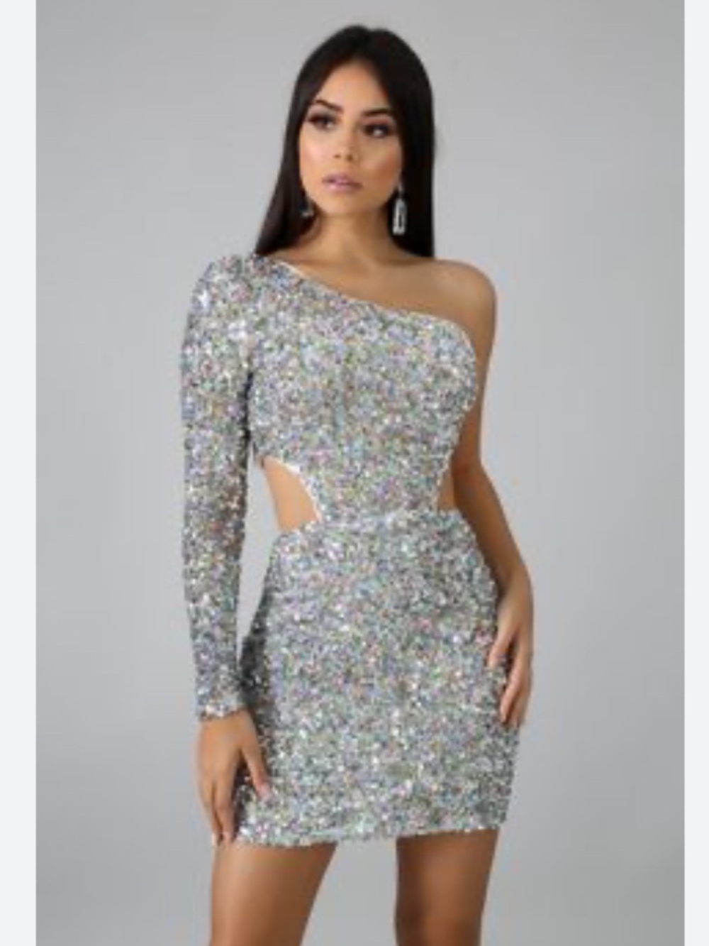 Fashion Nova Silver One-Shoulder Bodycon Sequin Mini Dress XS